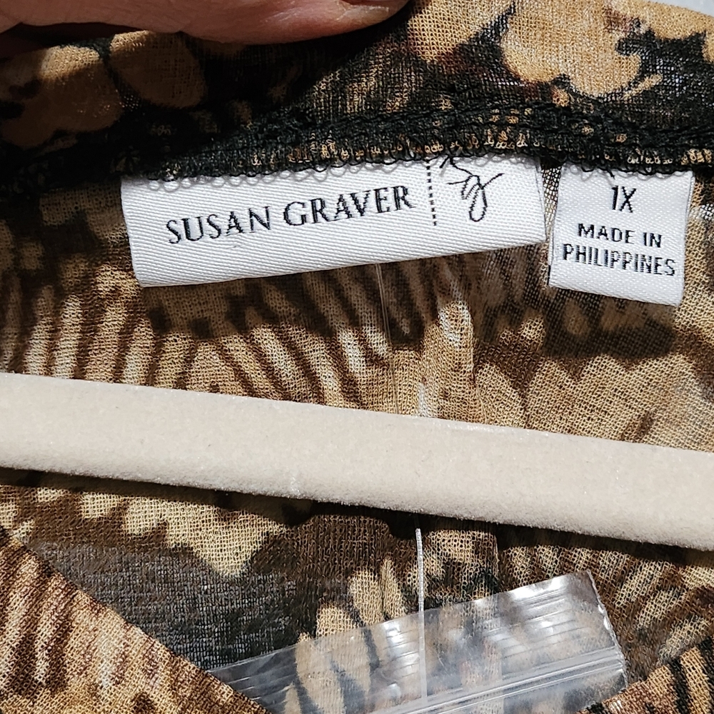 SUSAN GRAVER Abstract Print Blouse Womens Plus 1X Brown Black Sheer Tunic Top - Picture 5 of 14